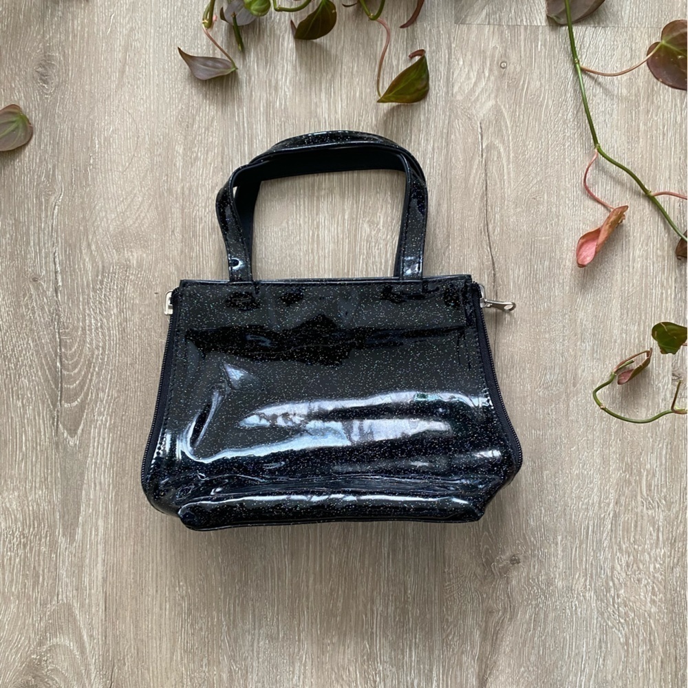 Vintage 90’s Black PVC Shiny Glitter Mini Tote Bag Side Zips